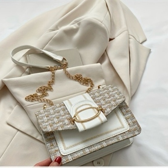 Designer Inspired Tweed Cream and Tan Quilted Clutch with Gold Chain
